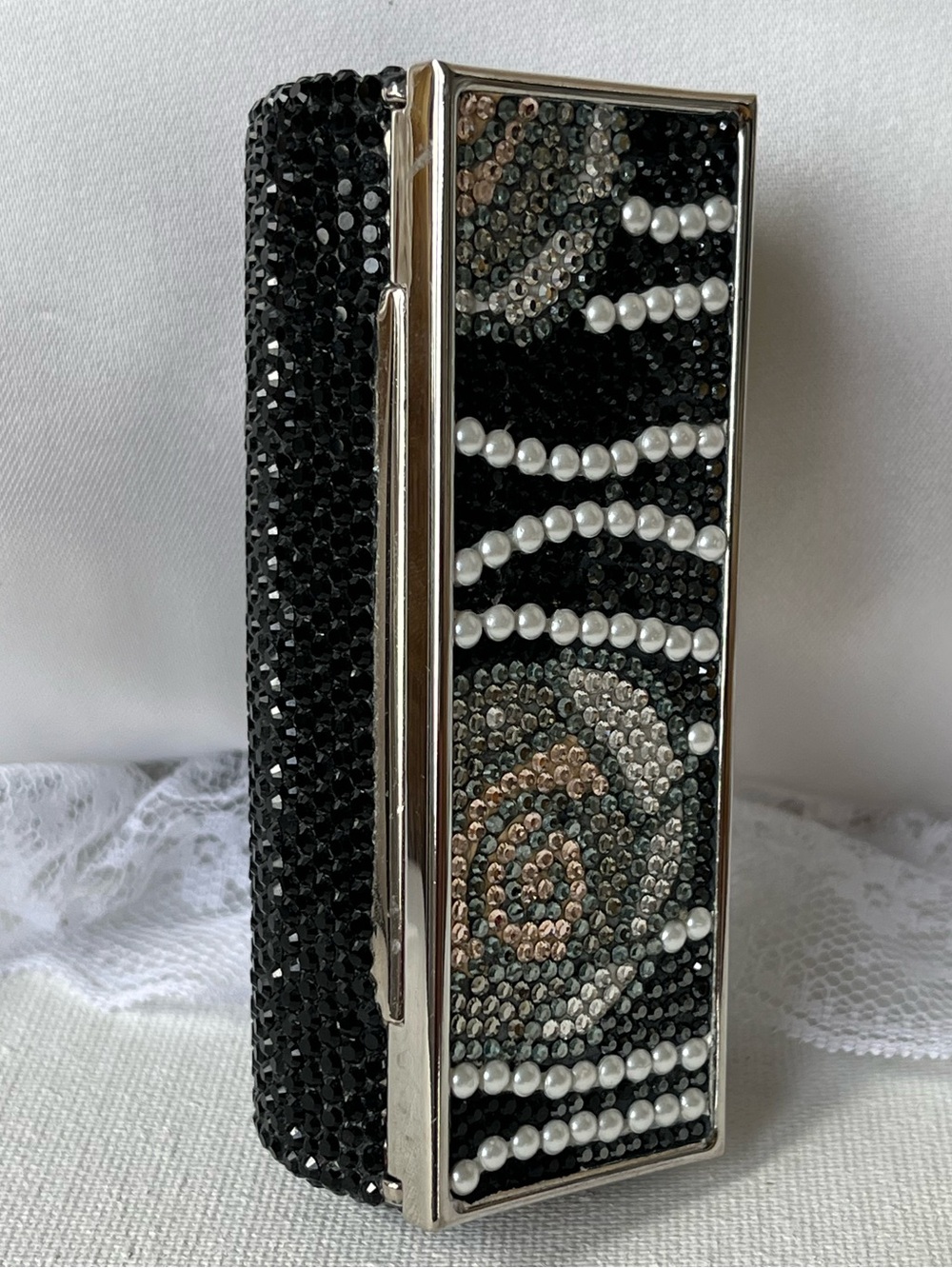Judith Leiber Black, Silver, Gold, Pearl, Floral Crystal Compact, EUC